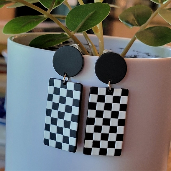 Checkerboard Ska Punk Reggae Dangle Earrings - Picture 2 of 4